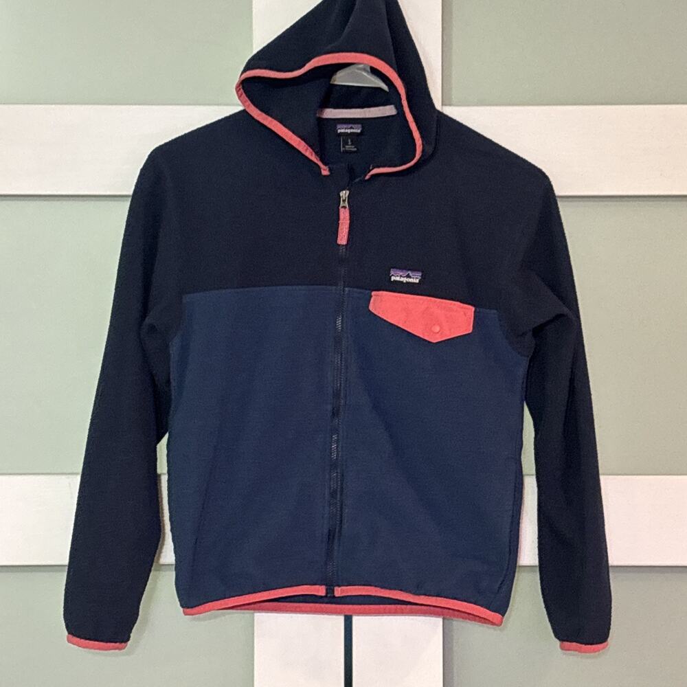 Patagonia Hoodie Girls Large (12) Blue Pink Fleece Full Zip Outdoors